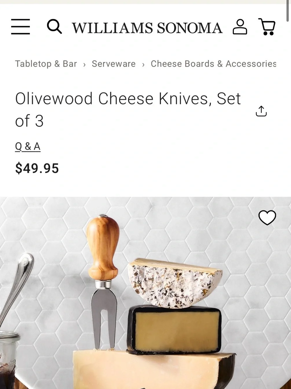 NEW Williams Sonoma Olivewood Cheese Knives